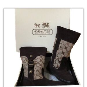 Coach Meyer Khaki Chestnut Sz 6B Brown C Logo Signature & Suede Boots
